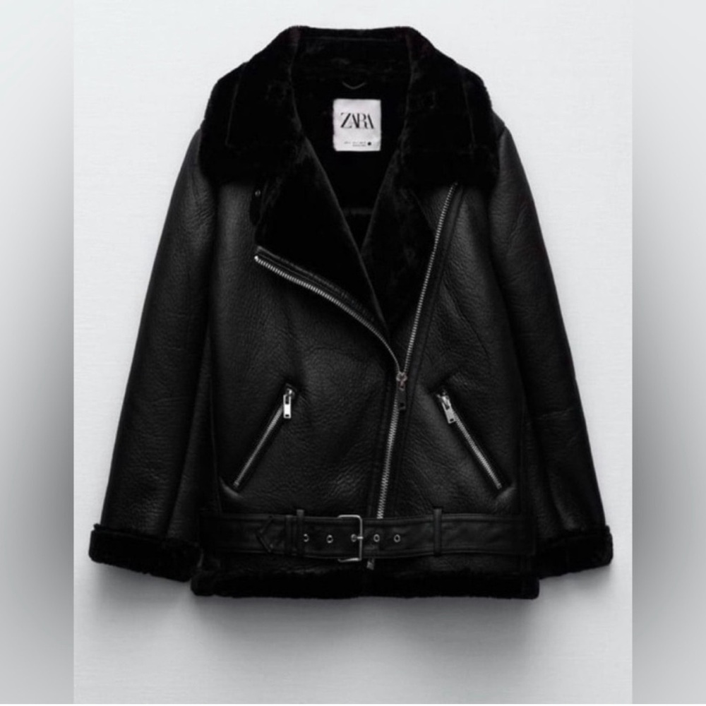 Zara Leather Aviator Jacket with Shearling Collar